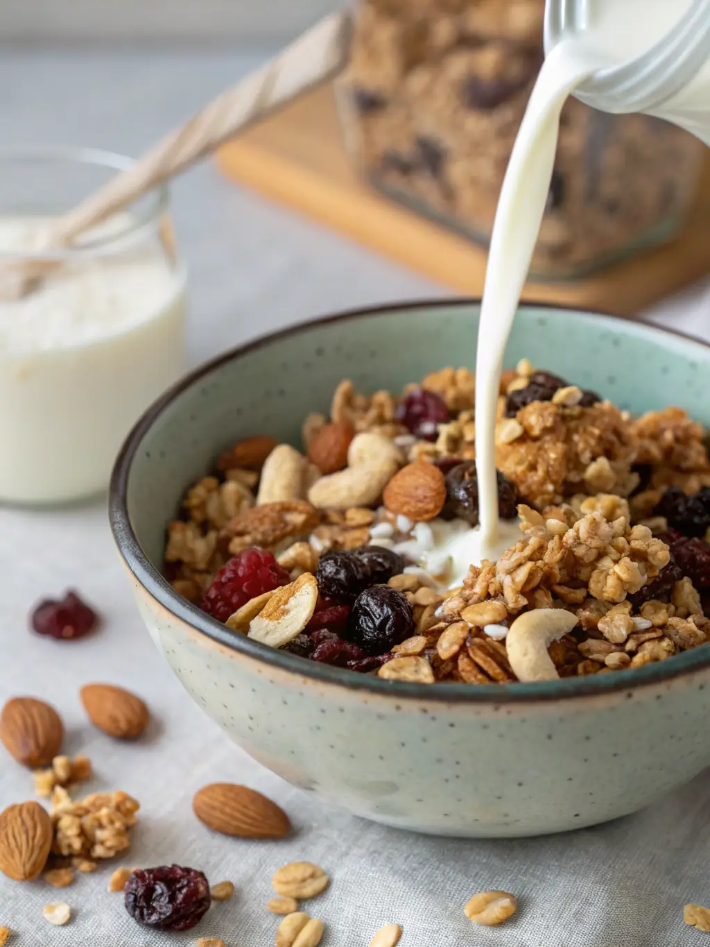 A close-up shot of a bag of artisanal granola with visible nuts, seeds, and dried fruits, highlighting the premium quality and natural ingredients of the granola products distributed by Seriously Cereals.