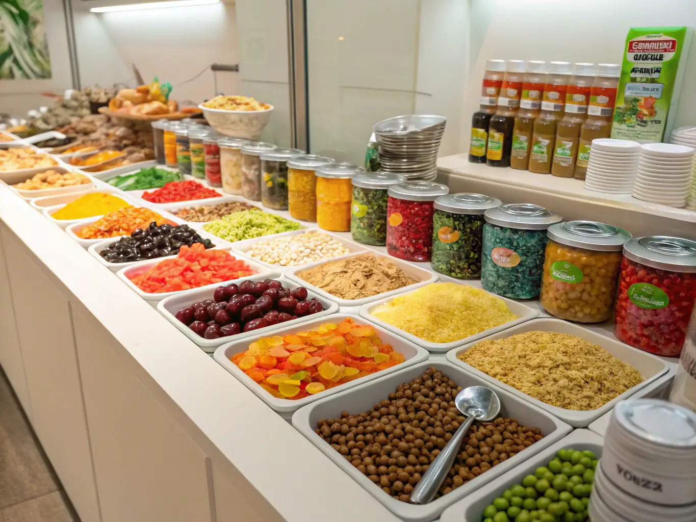 A vibrant, eye-level shot of various bulk cereal dispensers filled with different types of cereals in a grocery store setting, showcasing the variety and appeal of bulk options.