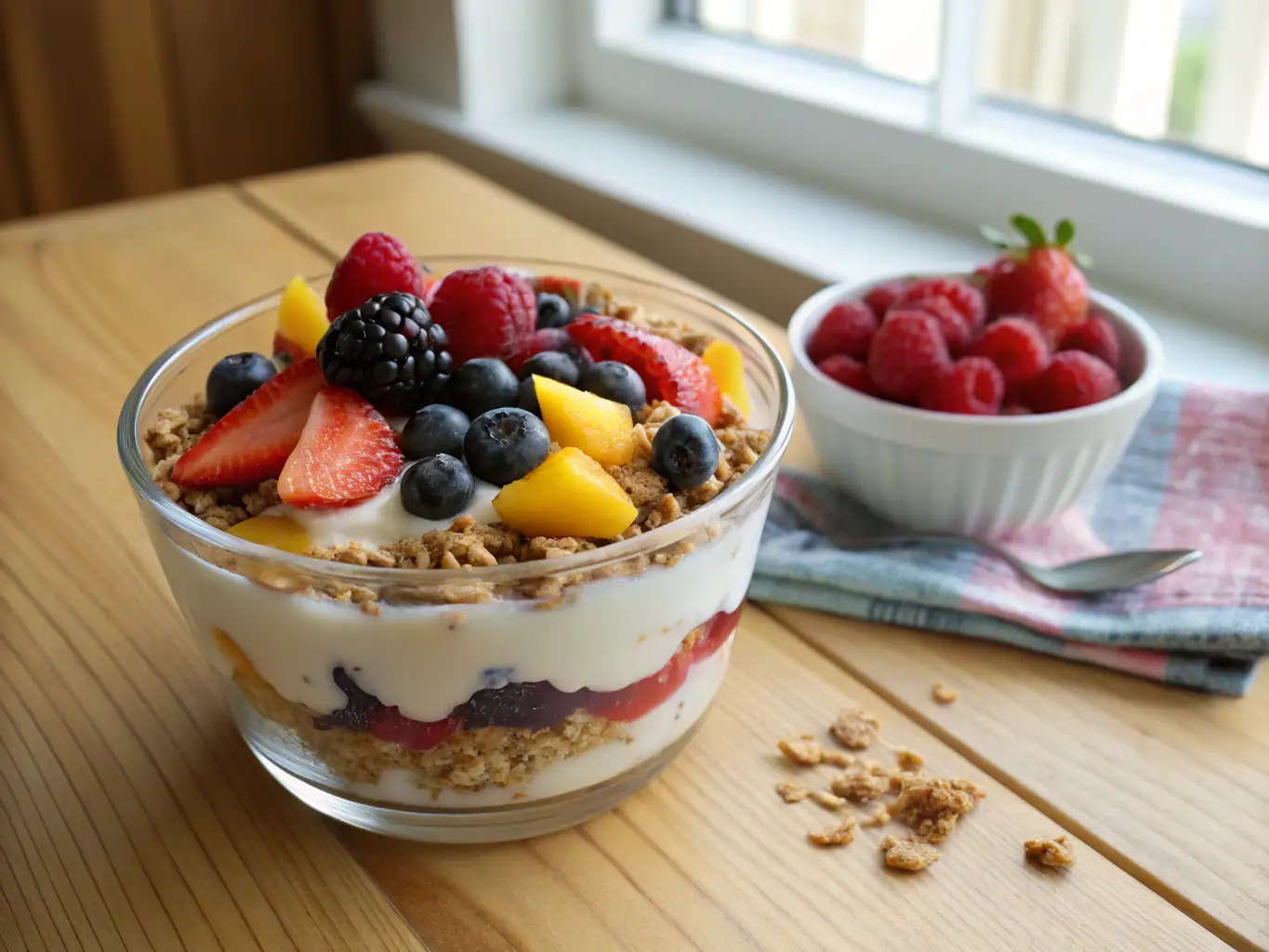 A close-up shot of a beautifully arranged bowl of granola with fresh berries and yogurt, highlighting the texture and ingredients of the granola.